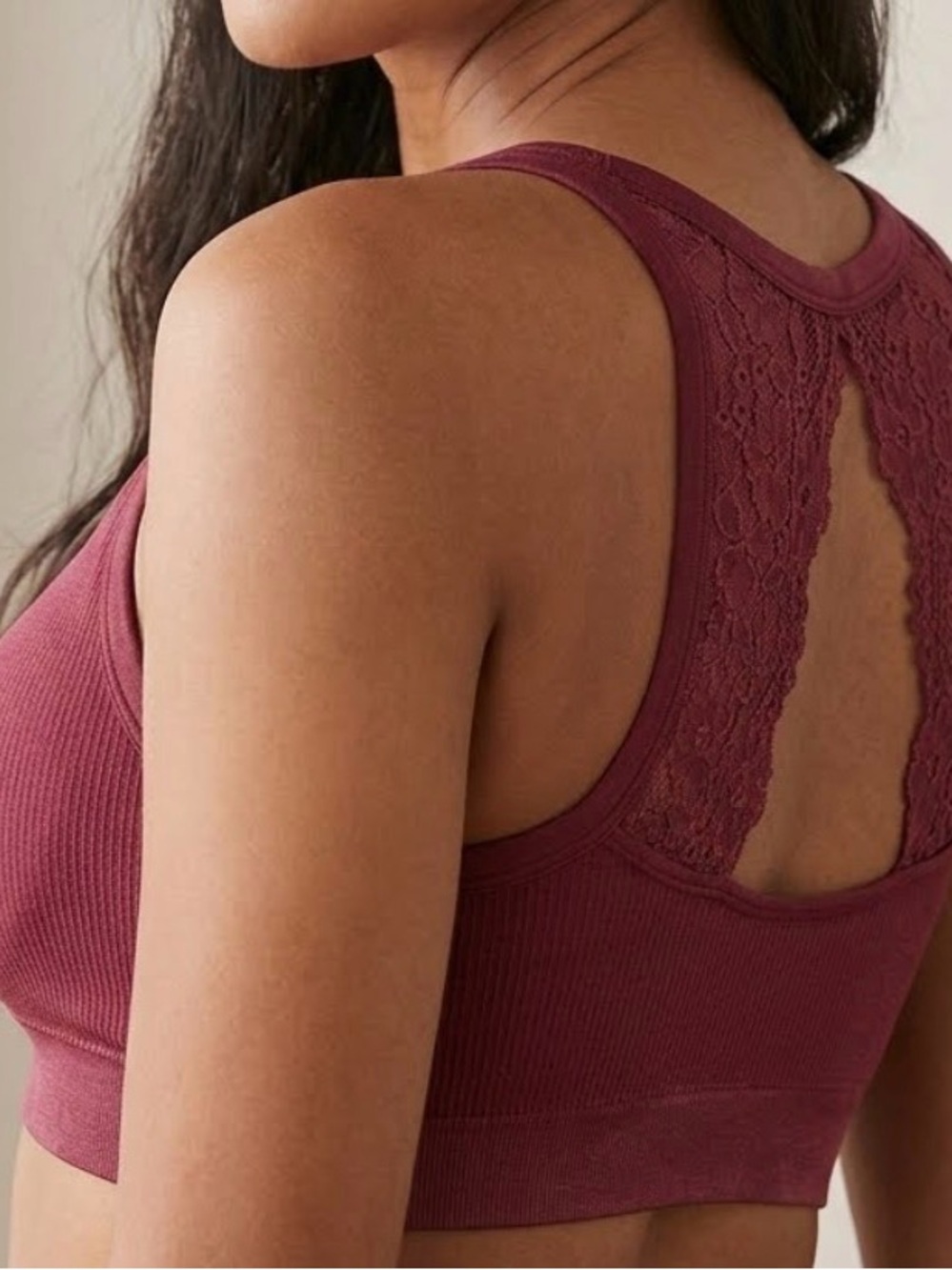 Maurices Ribbed Lace-Back Bralette - Wine